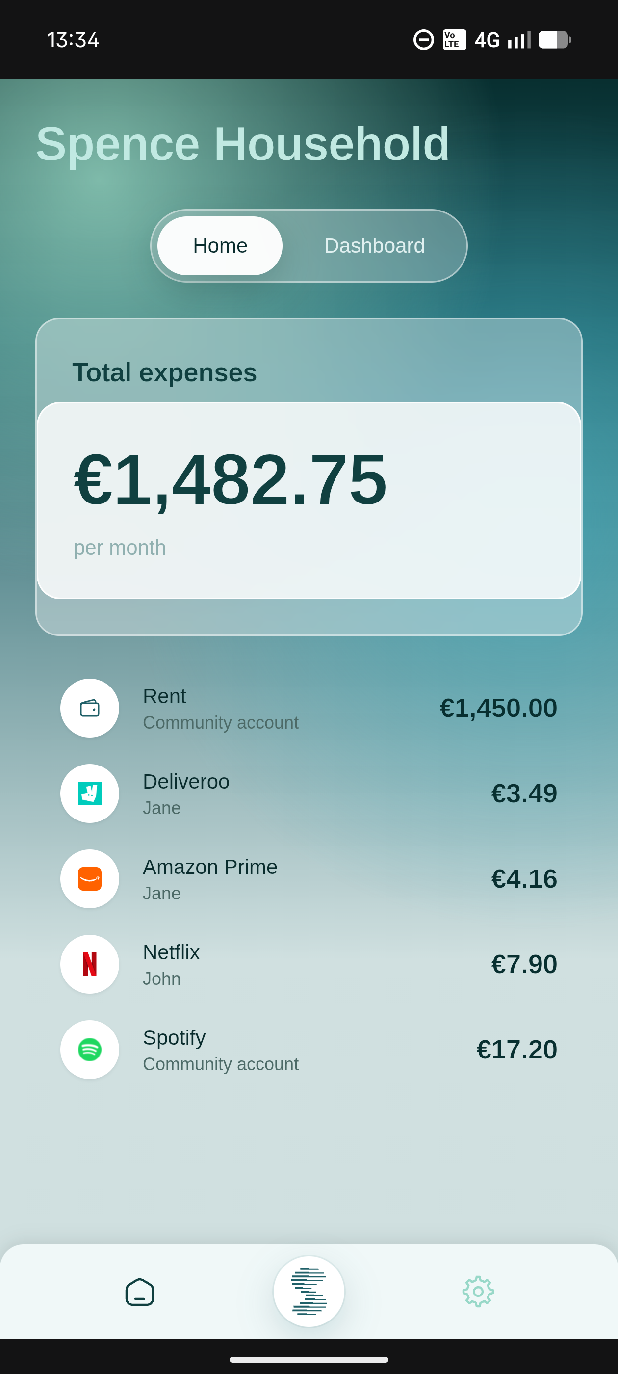 Aperçu de l'application Spence montrant les dépenses récurrentes du foyer.
